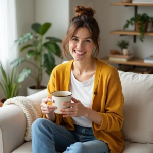 Woman in her 30s smiling warmly while holding a mug, sitting on a beige couch in a cozy, plant-filled living room